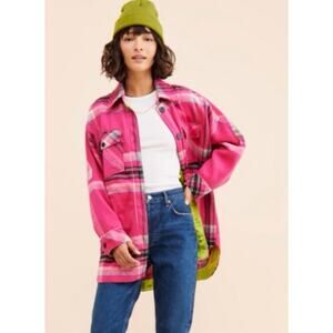 Free People Down For You Plaid Shacket Pink Oversized Jacket Small